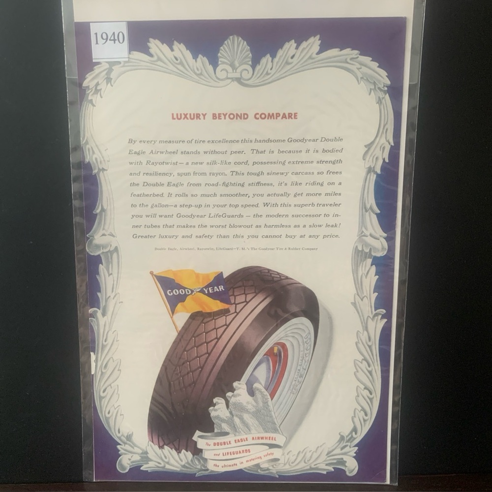 Vintage 1940 GoodYear Tires Luxury Beyond Compare Ad Advertisement